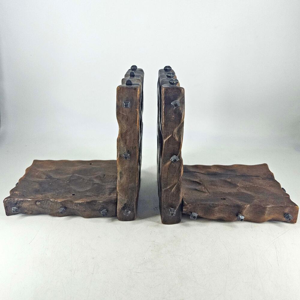 Pair of vintage Spanish brutalist hand carved wood bookends metal clavos studs